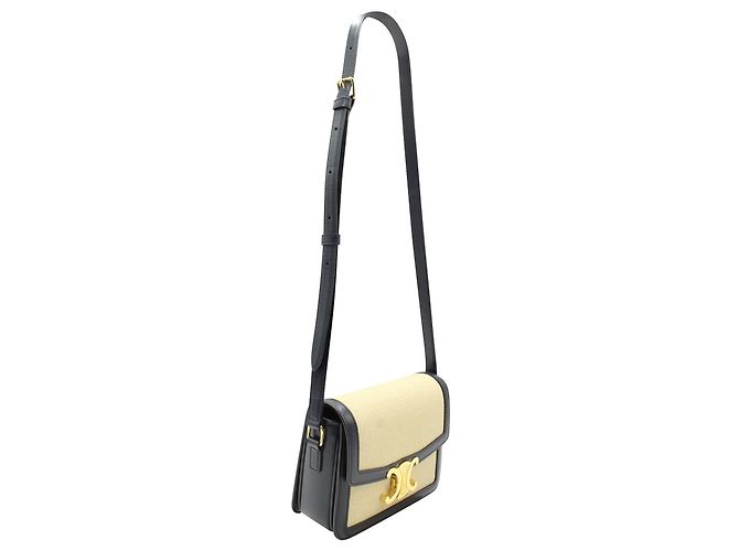 Céline Borsa a spalla Celine Teen Triomphe in tela beige e pelle di vitello nera - vista 2
