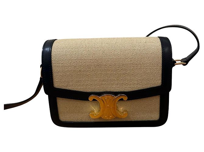 Céline Borsa a spalla Celine Teen Triomphe in tela beige e pelle di vitello nera - vista 5