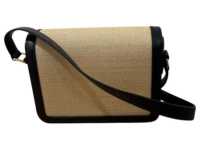Céline Borsa a spalla Celine Teen Triomphe in tela beige e pelle di vitello nera - vista 6