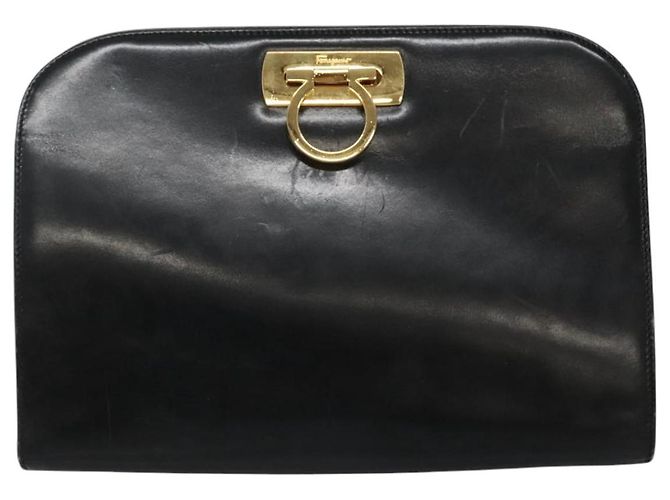Borsa a spalla in pelle nera e oro Gancini Chain di Salvatore Ferragamo Auth bs22402 Noir Doré - vue 13