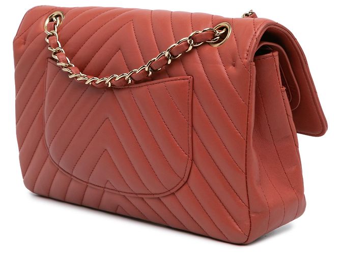 Chanel Arancione Medio Classico Chevron Pelle di Agnello Doppio - vista 2