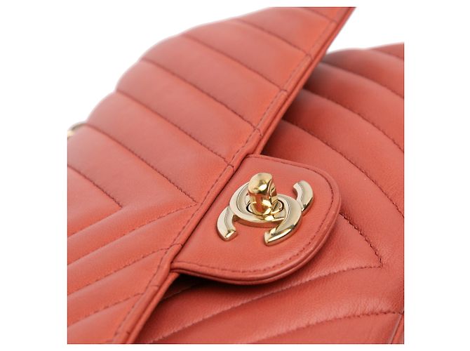 Chanel Arancione Medio Classico Chevron Pelle di Agnello Doppio - vista 8