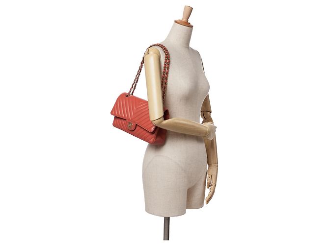Chanel Arancione Medio Classico Chevron Pelle di Agnello Doppio - vista 9
