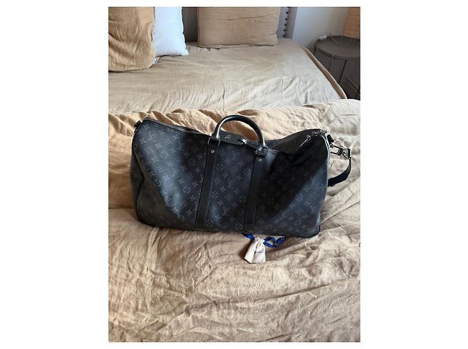 Louis Vuitton Keepall Eclipse 55 Borsa da viaggio nera in pelle Nero - vista 10