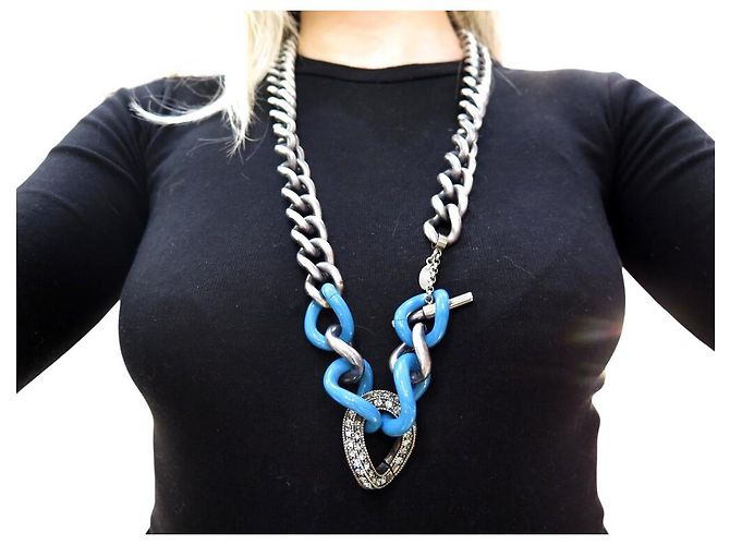 COLLANA VINTAGE LANVIN CATENA E STRASS 85CM IN METALLO + SCATOLA Blu - vista 7