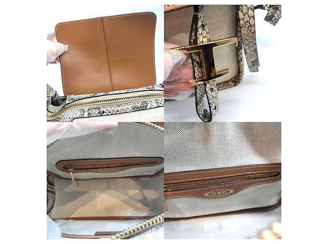Tod's T Timeless Umhängetasche aus Pythonleder und Canvas Braun Beige - Ansicht 4