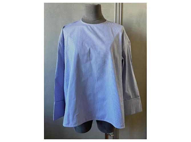 Camicia a righe Céline in cotone bianca e blu Bianco - vista 3
