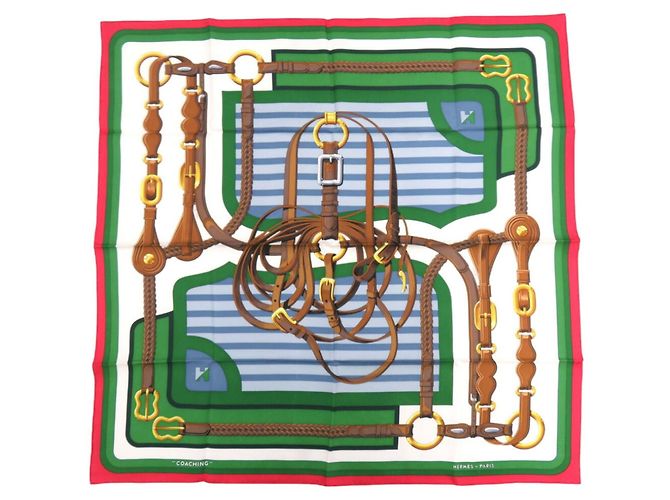 Foulard in seta Coaching Hermès Carre 90 Bianco Rosso Multicolore Verde - vista 2