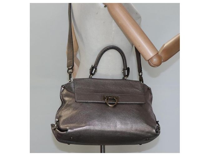 Borsa a mano in pelle Gancini Sofia di Salvatore Ferragamo 2way Argento Auth 101090 - vista 25