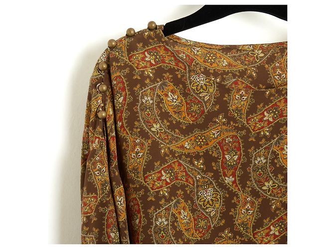 Chloé alrededor de 1985 Top FR38 Marrón Caqui Boteh Blusa de Seda UK10 US8 Chloe Multicolor - vista 2