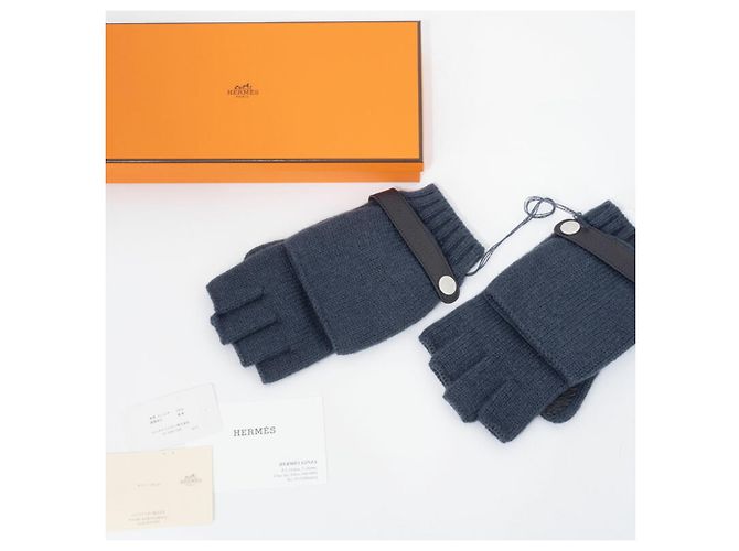 Hermès Muffole in cashmere senza dita Hermes Lionel Nero Blu - vista 9