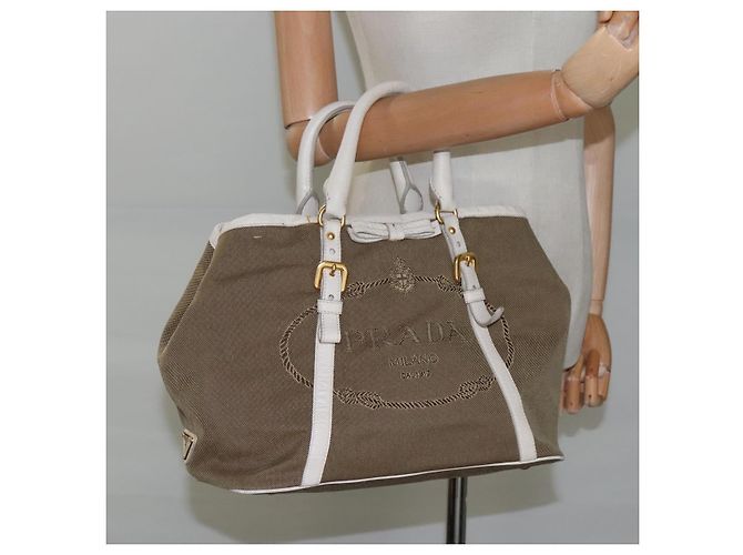 PRADA Borsa a mano in tela pelle beige bianco oro Auth am7707 D'oro - vista 21