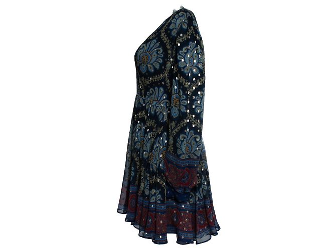 Etro, minivestido de seda jacquard con mangas abullonadas en azul - vista 2