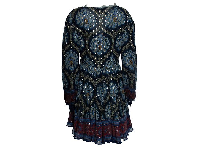 Etro, minivestido de seda jacquard con mangas abullonadas en azul - vista 3