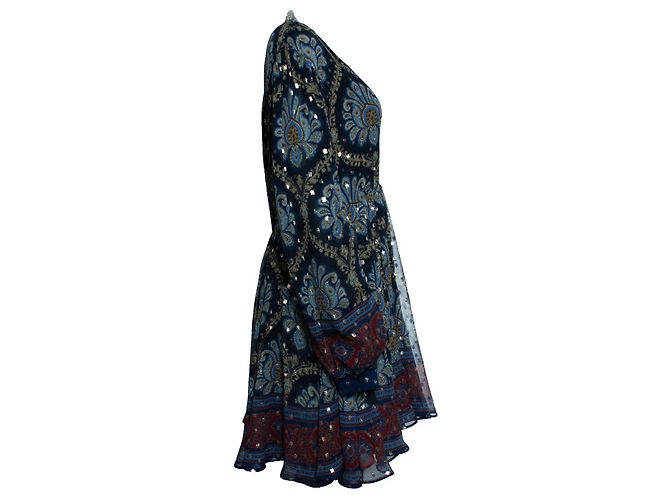 Etro, minivestido de seda jacquard con mangas abullonadas en azul - vista 4