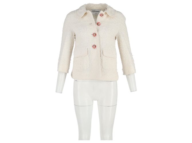Timeless Blazer de un solo botón con cuello redondo de Chanel en algodón tweed blanco Crudo - vista 4