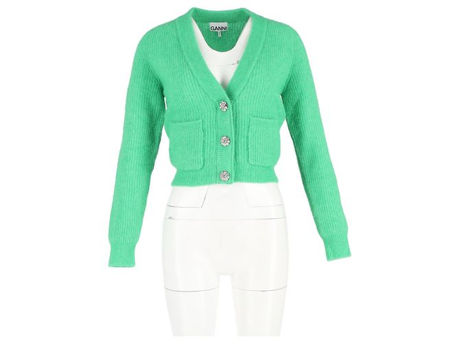 Ganni Strickjacke aus grüner Merinowolle mit Kristallverzierungen - Ansicht 4