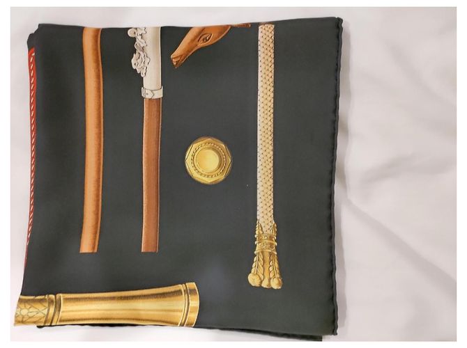 Hermès Foulard in seta Hermes Vintage Cannes Et Pommeaux - Cane Marrone Nero - vista 11