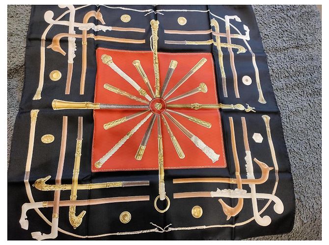 Hermès Foulard in seta Hermes Vintage Cannes Et Pommeaux - Cane Marrone Nero - vista 5