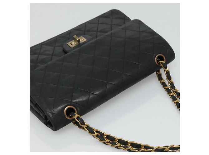 CHANEL Matelassé 25.5 Borsa a Doppio Faldone Catena Pelle di Agnello Nera Oro CC Auth PP249 Nero D'oro - vista 6