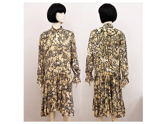 Autre Marque Midi-Kleid aus Seide und Modal mit Batikmuster in Beige und Schwarz Größe S - Ansicht 2