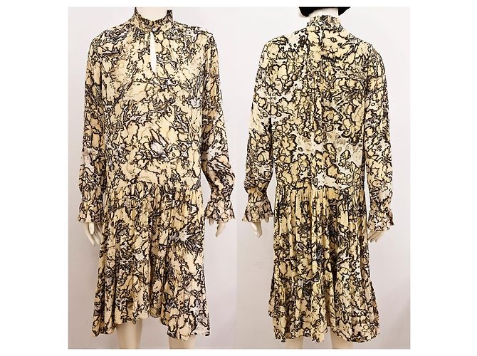 Autre Marque Midi-Kleid aus Seide und Modal mit Batikmuster in Beige und Schwarz Größe S - Ansicht 3
