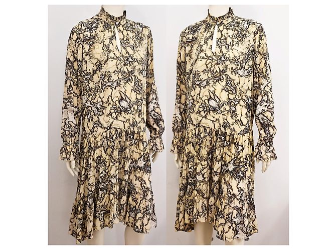Autre Marque Midi-Kleid aus Seide und Modal mit Batikmuster in Beige und Schwarz Größe S - Ansicht 4