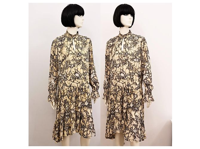 Autre Marque Midi-Kleid aus Seide und Modal mit Batikmuster in Beige und Schwarz Größe S - Ansicht 5