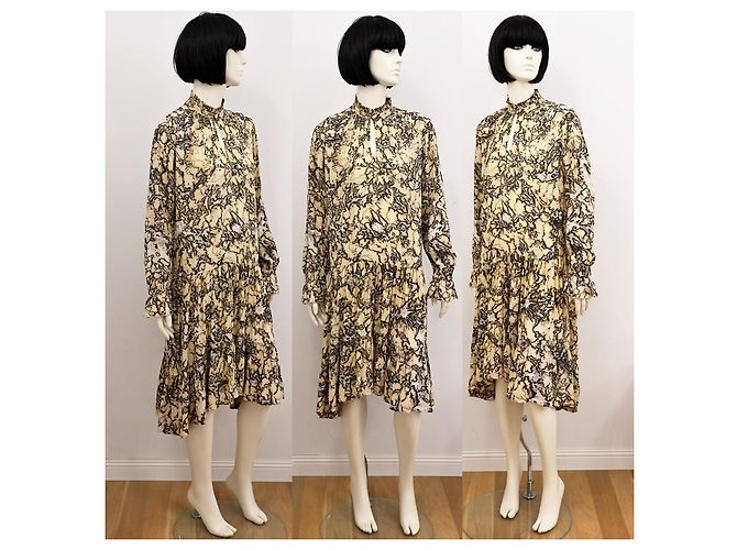 Autre Marque Midi-Kleid aus Seide und Modal mit Batikmuster in Beige und Schwarz Größe S - Ansicht 6