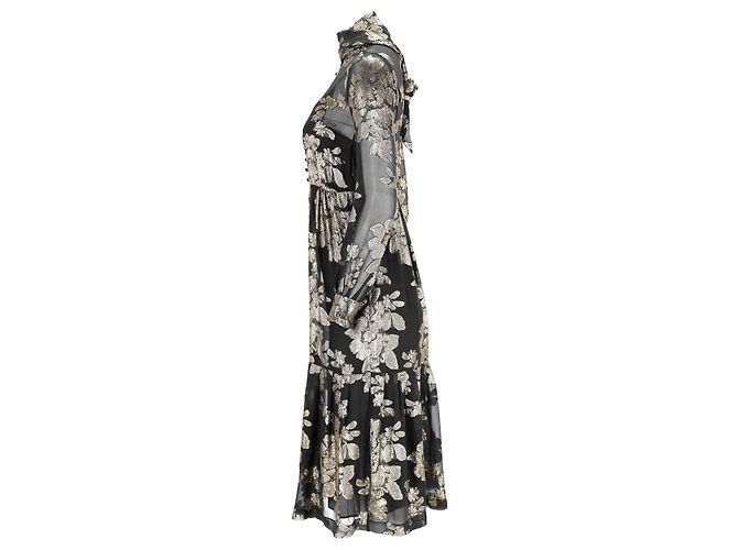 Vestido midi de seda preta com flores da Saint Laurent Preto - vista 2