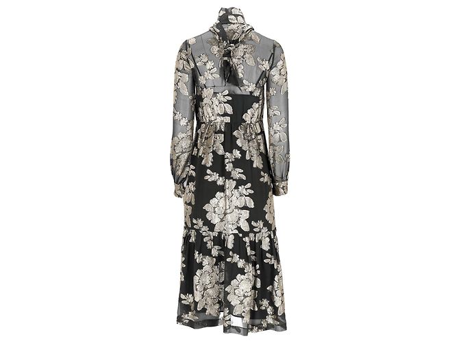 Vestido midi de seda preta com flores da Saint Laurent Preto - vista 3