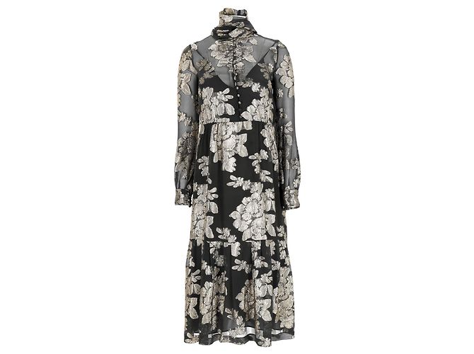 Vestido midi de seda preta com flores da Saint Laurent Preto - vista 7