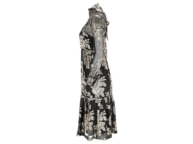 Vestido midi de seda preta com flores da Saint Laurent Preto - vista 8