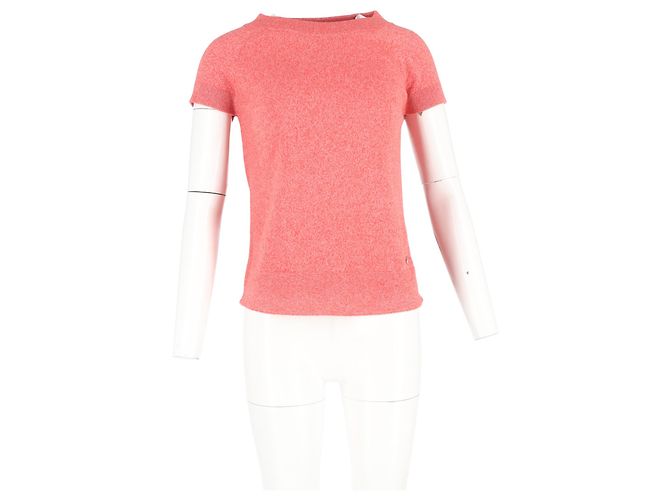T-shirt en laine rose à col rond tricoté Hermès Marron - vue 4