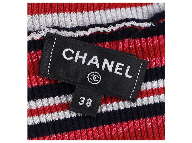Gestreifter Rollkragenpullover mit CC-Verzierung von Chanel aus roter Wolle - Ansicht 4