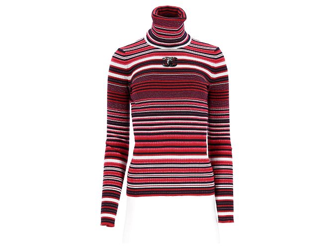 Gestreifter Rollkragenpullover mit CC-Verzierung von Chanel aus roter Wolle - Ansicht 7