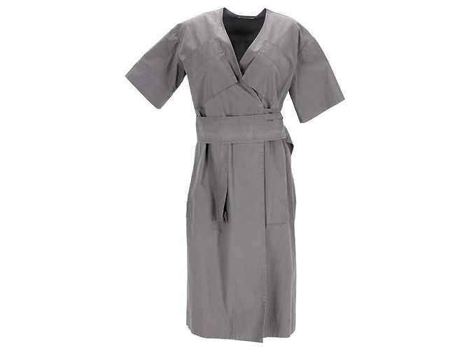 Céline Vestido midi com cinto e decote em V com bolsos em algodão cinza - vista 6