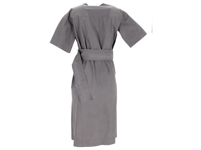 Céline Vestido midi com cinto e decote em V com bolsos em algodão cinza - vista 7