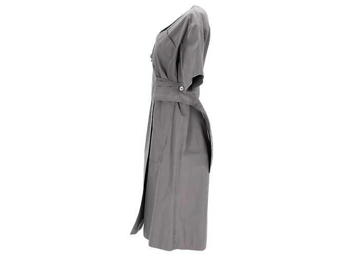 Céline Vestido midi com cinto e decote em V com bolsos em algodão cinza - vista 8