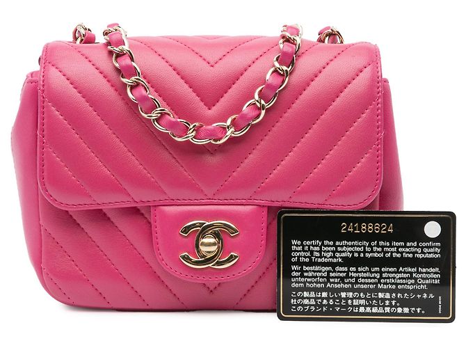 Chanel Pink Mini Quadrat Klassisch Chevron aus Lammleder mit Einzelklappe - Ansicht 10