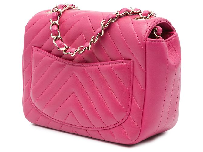 Chanel Pink Mini Quadrat Klassisch Chevron aus Lammleder mit Einzelklappe - Ansicht 2