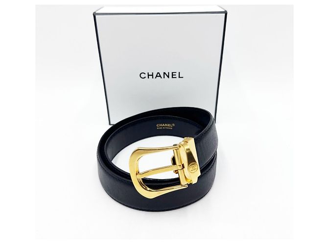 Cinturón unisex de Chanel con hebilla chapada en oro de 24 quilates Negro - vista 2