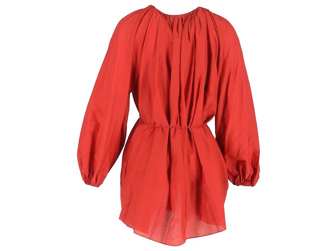 Autre Marque Abito Mini Gathered Matteau in Cotone Organico Rosso e Seta - vista 3