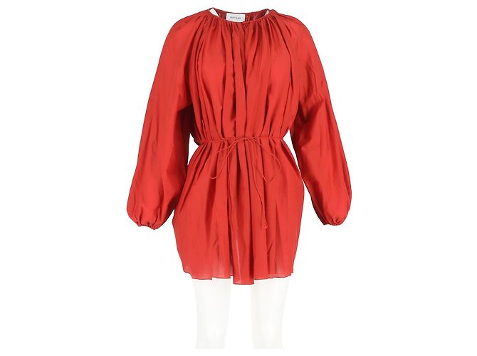 Autre Marque Abito Mini Gathered Matteau in Cotone Organico Rosso e Seta - vista 5