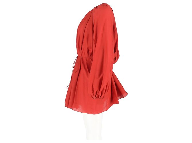 Autre Marque Abito Mini Gathered Matteau in Cotone Organico Rosso e Seta - vista 6