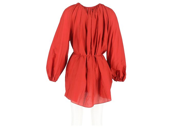 Autre Marque Abito Mini Gathered Matteau in Cotone Organico Rosso e Seta - vista 7