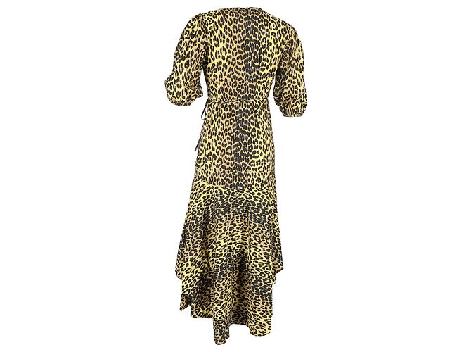 Vestido midi envolvente de algodón marrón con estampado de leopardo Ganni - vista 3