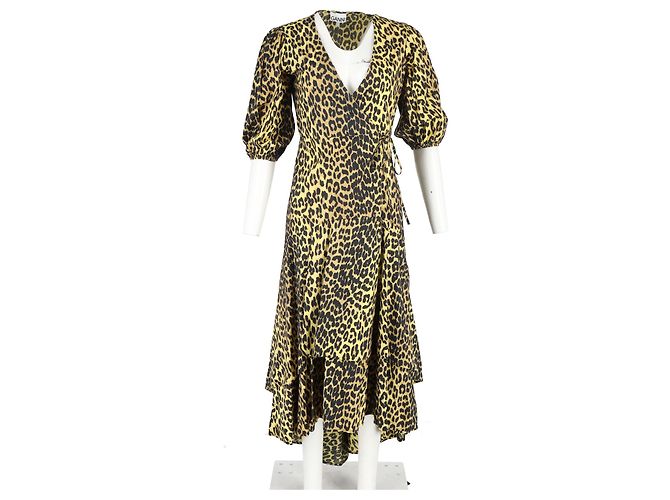 Vestido midi envolvente de algodón marrón con estampado de leopardo Ganni - vista 4
