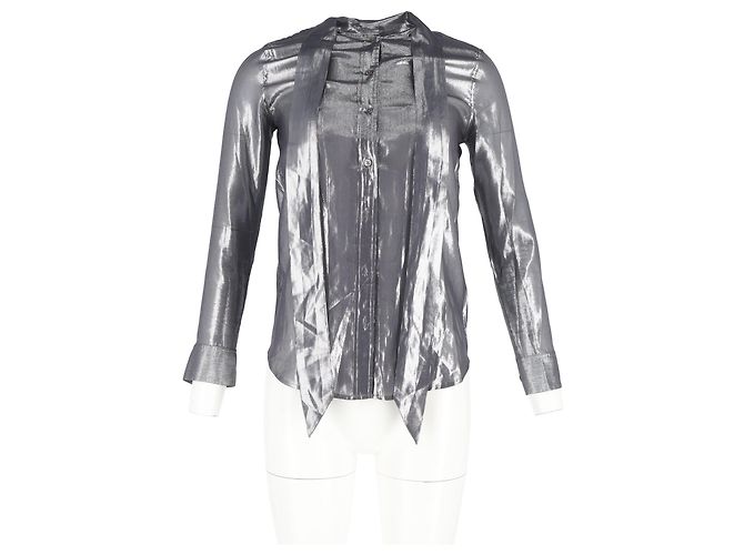 Blusa de seda metálica plateada con cuello de lazo de Equipment - vista 4