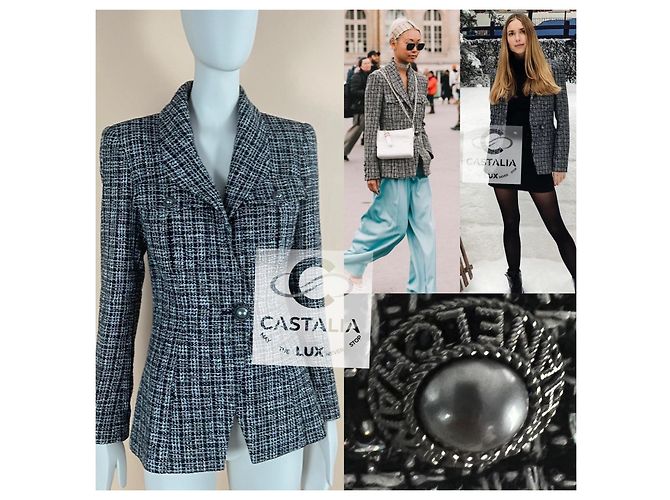 Schwarze schimmernde Tweedjacke mit CC-Perlenknöpfen von Chanel 42 FR - Ansicht 3